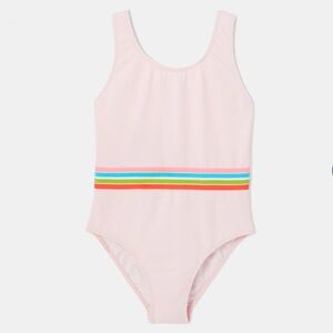Jacadi Girls Pink Pique Swimsuit with Striped Elastic Waistband - Size 4Y